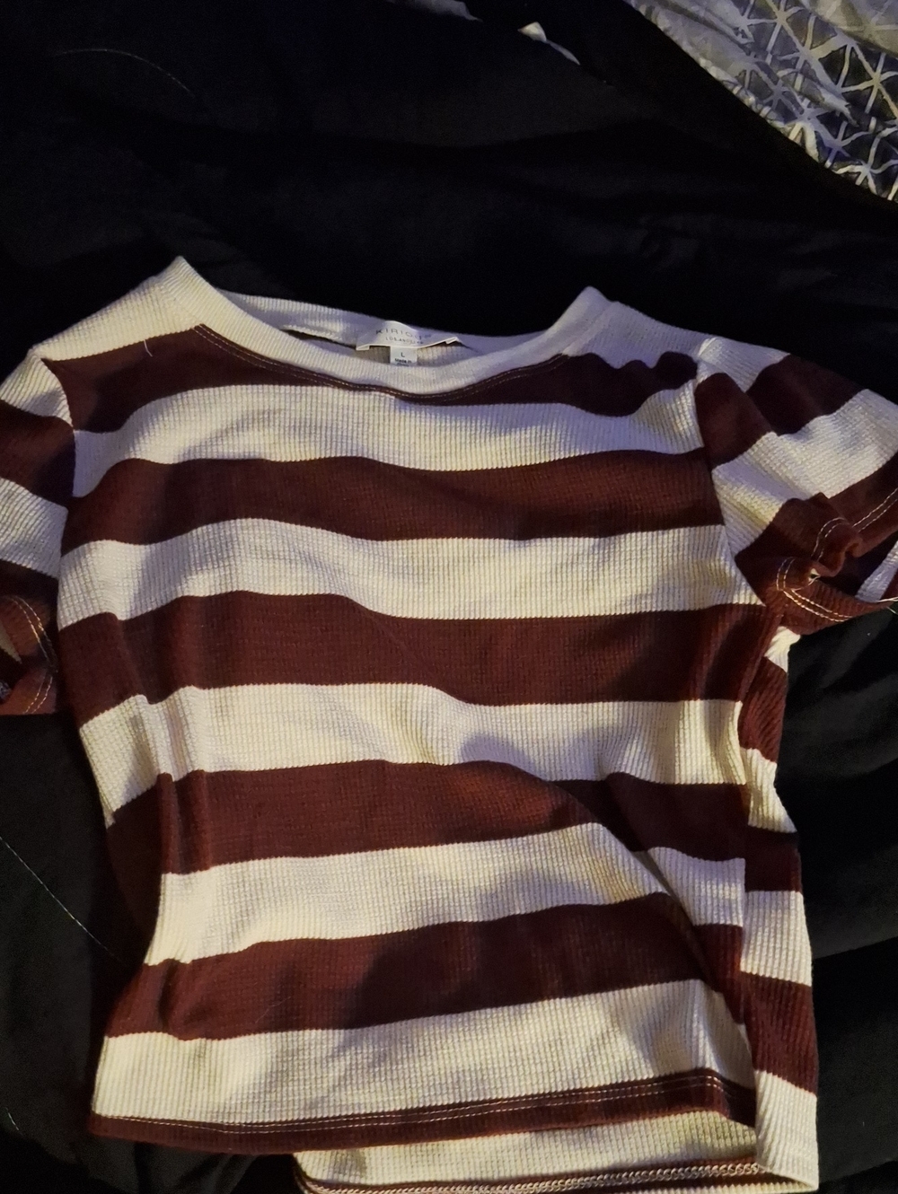 Striped Short-Sleeve Crewneck Top in Maroon and White